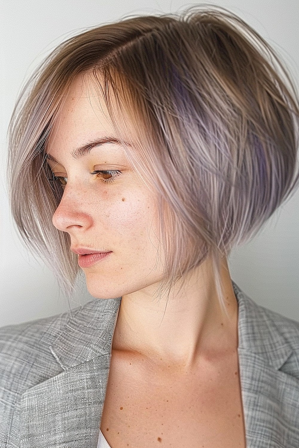 Graduated bob with stacked layers and soft lavender tones for thin hair