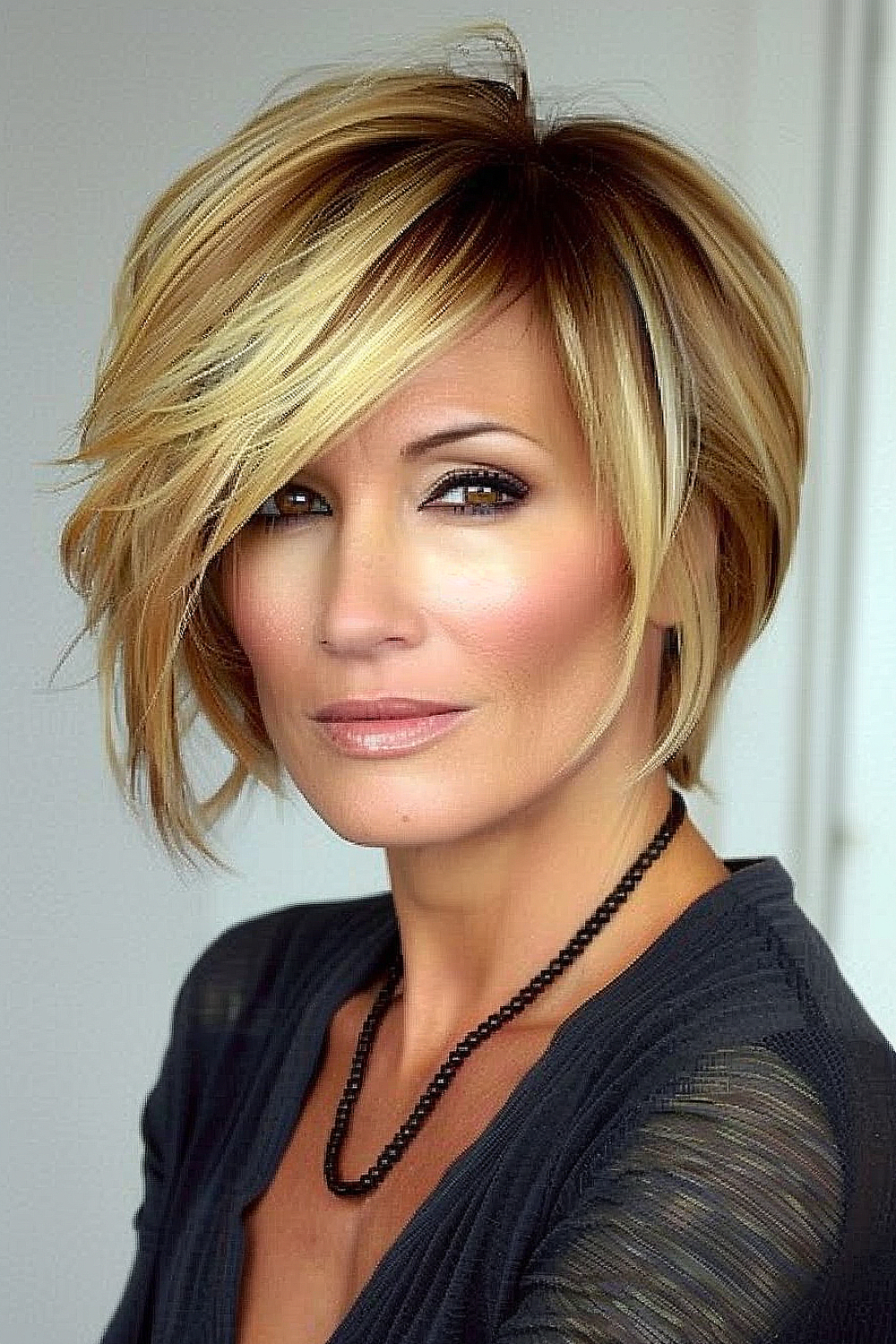 Woman with a chic graduated bob with caramel highlights and side-swept bangs