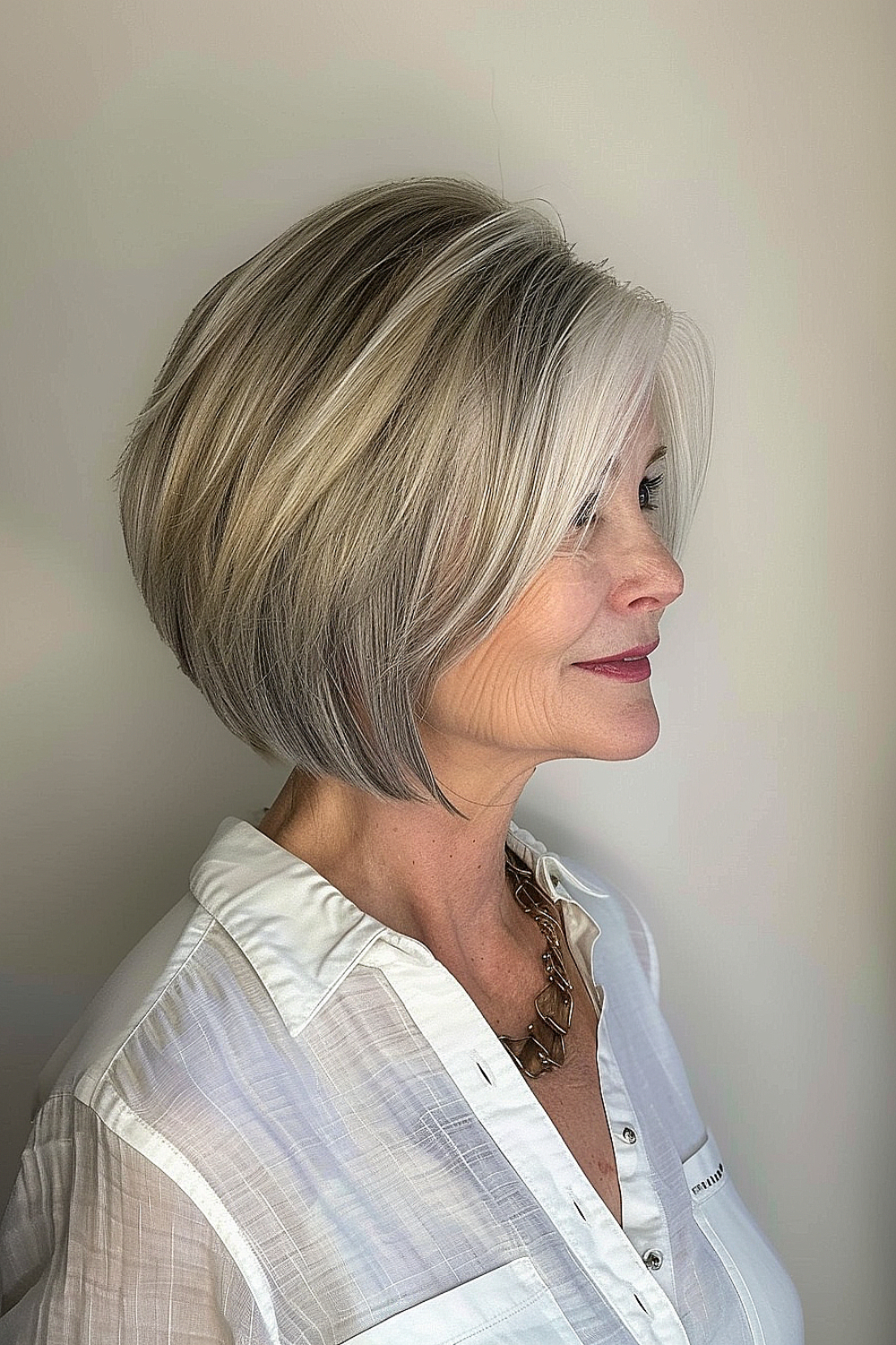 A woman with a graduated bob and volume-boosting layers in ash and platinum tones