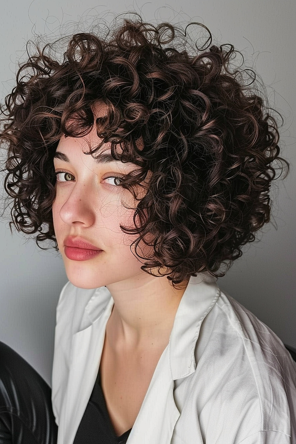 Woman with a graduated curly bob hairstyle