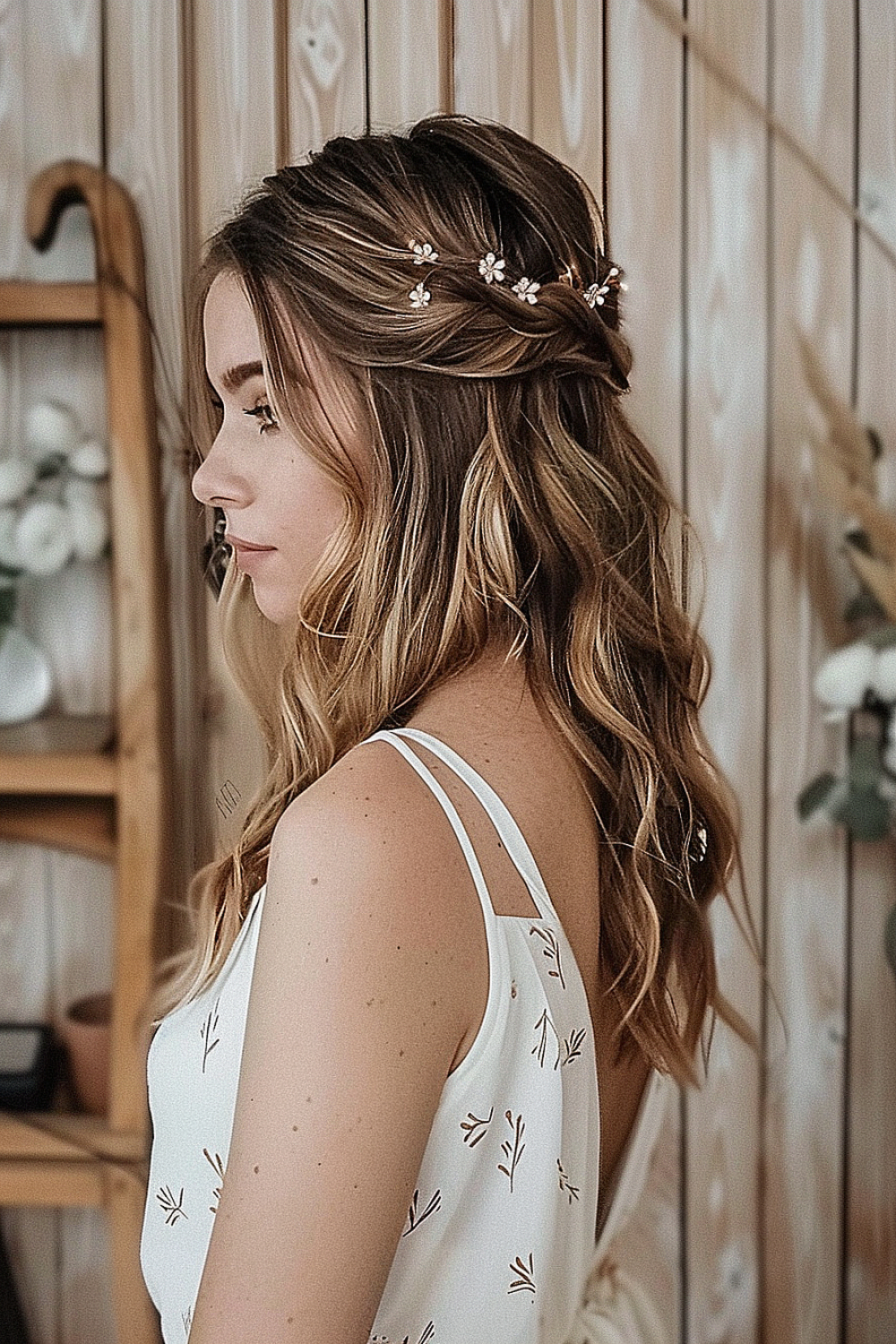 Half-up, half-down hairstyle with beach waves and floral accessories