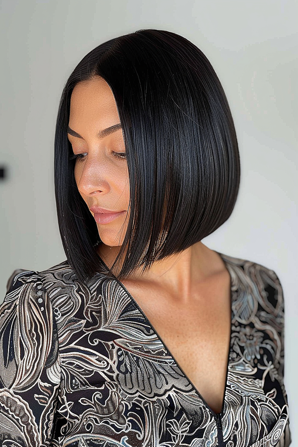 High-impact angled bob with sharp edges and sleek finish