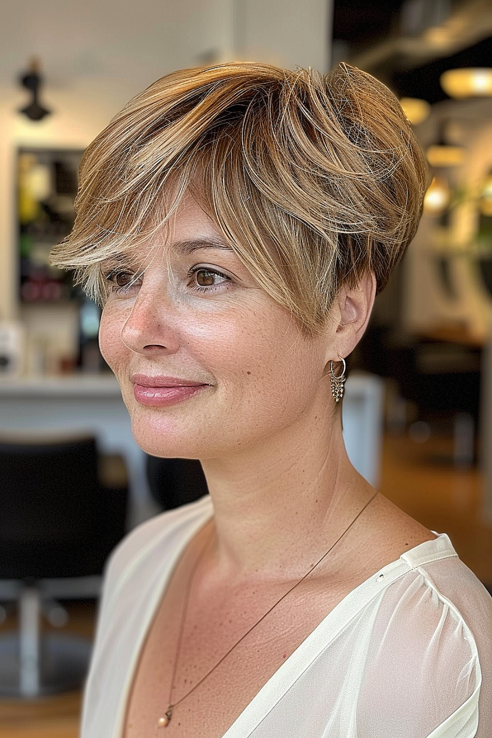 Honey blonde layered pixie with flowing layers