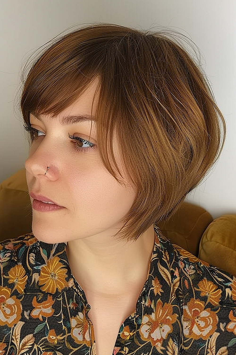 Woman with a honey tinged bixie haircut and layered bangs