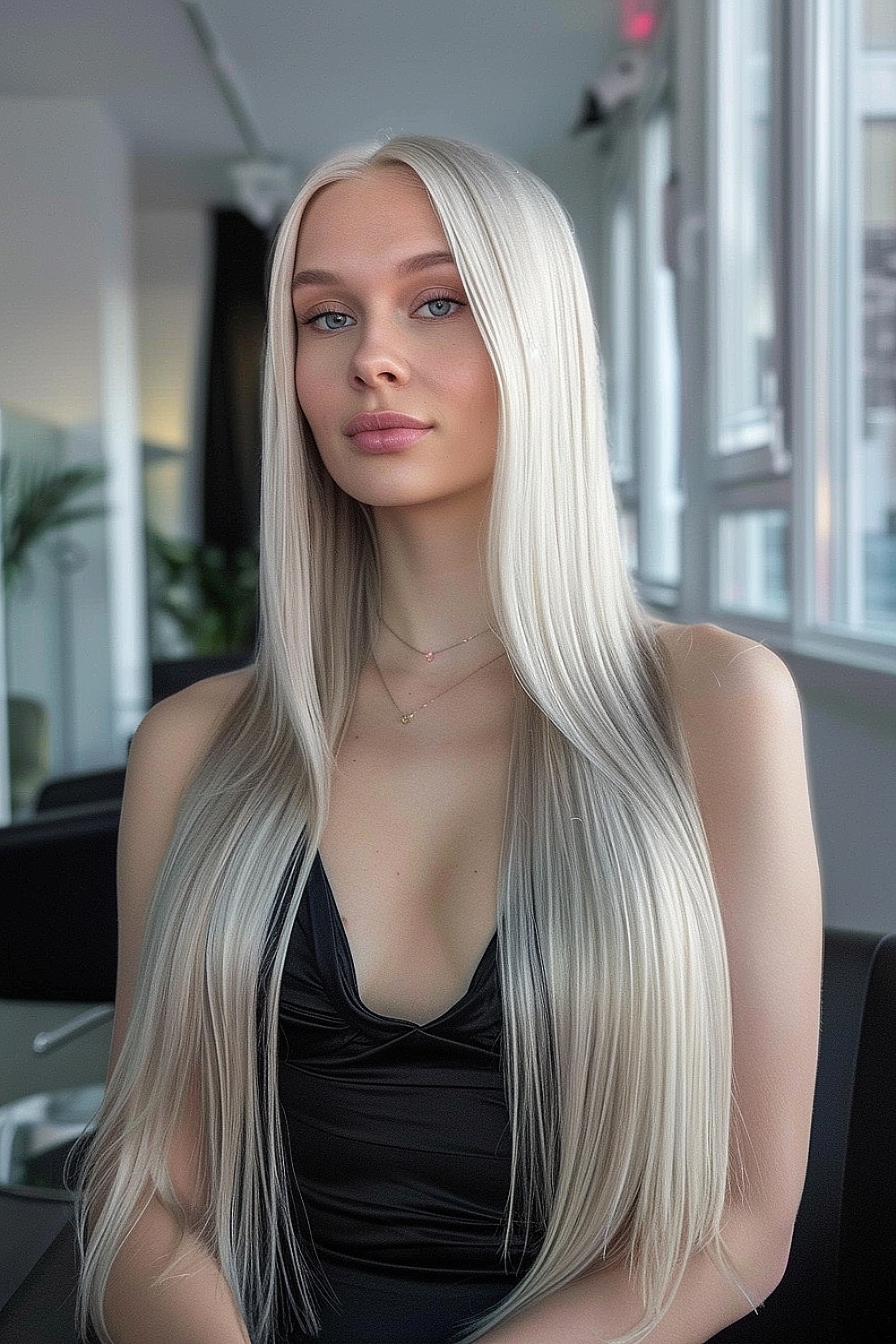 Woman with ice blonde hair and a sleek, smooth finish