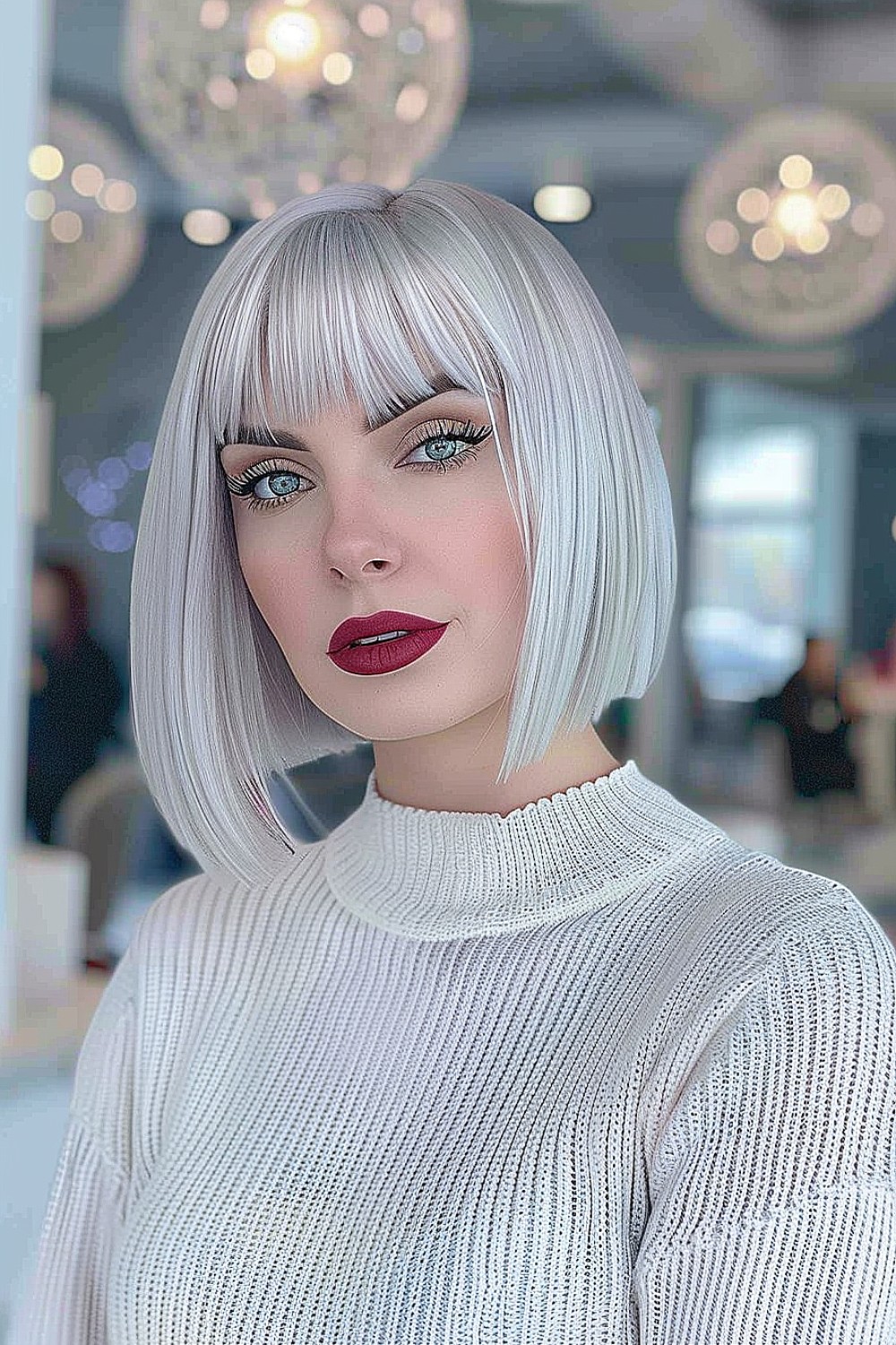 Icy blonde blunt bob with blunt bangs