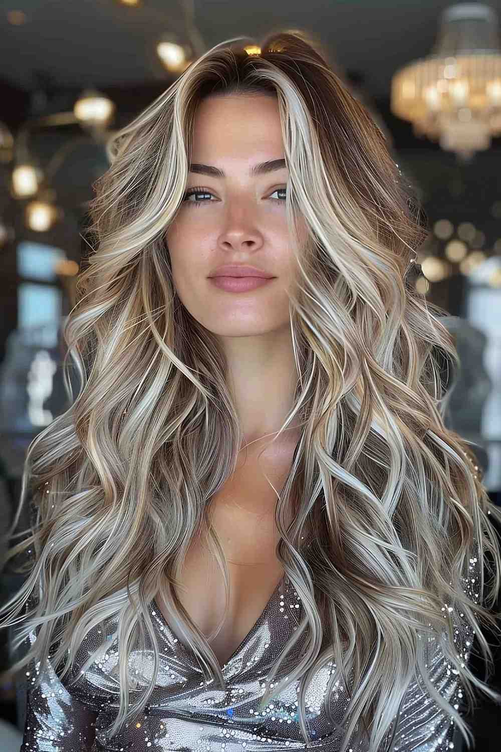 Icy blonde highlights on layered waves