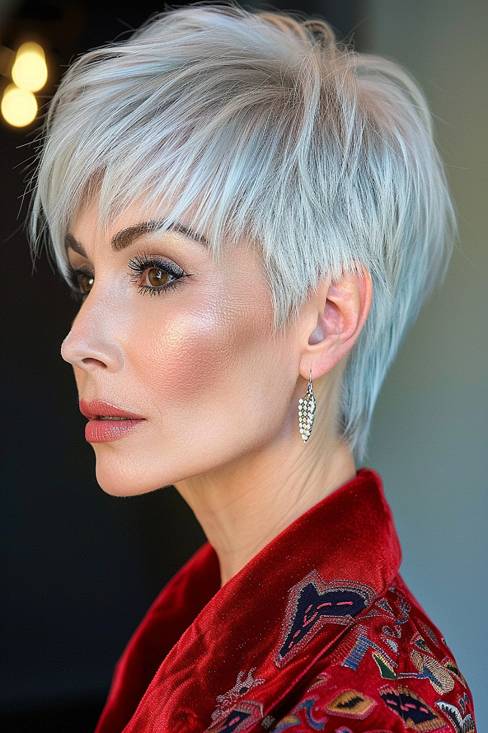 Icy silver layered pixie with sleek styling