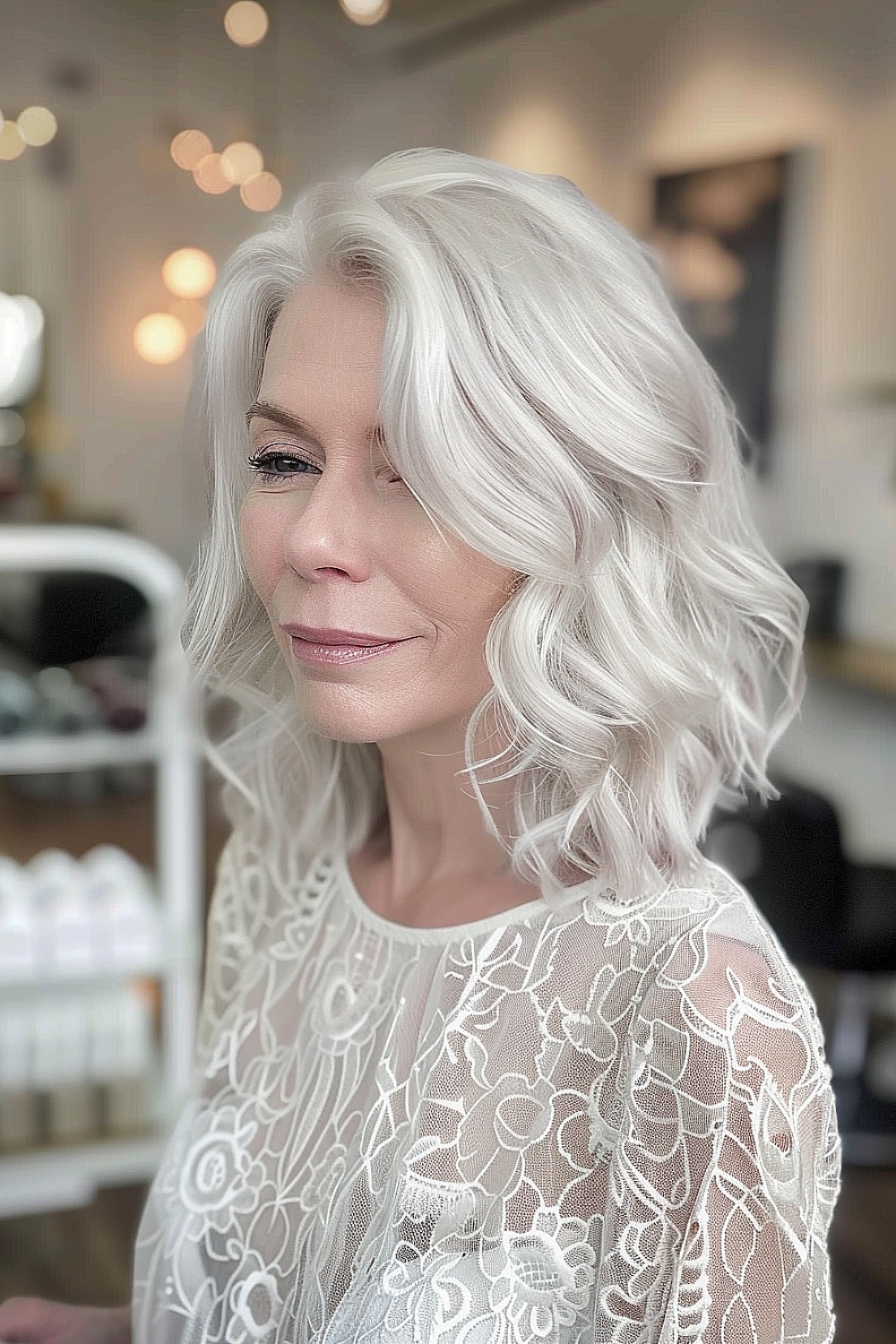 Icy silver wavy lob with soft waves for women over 60