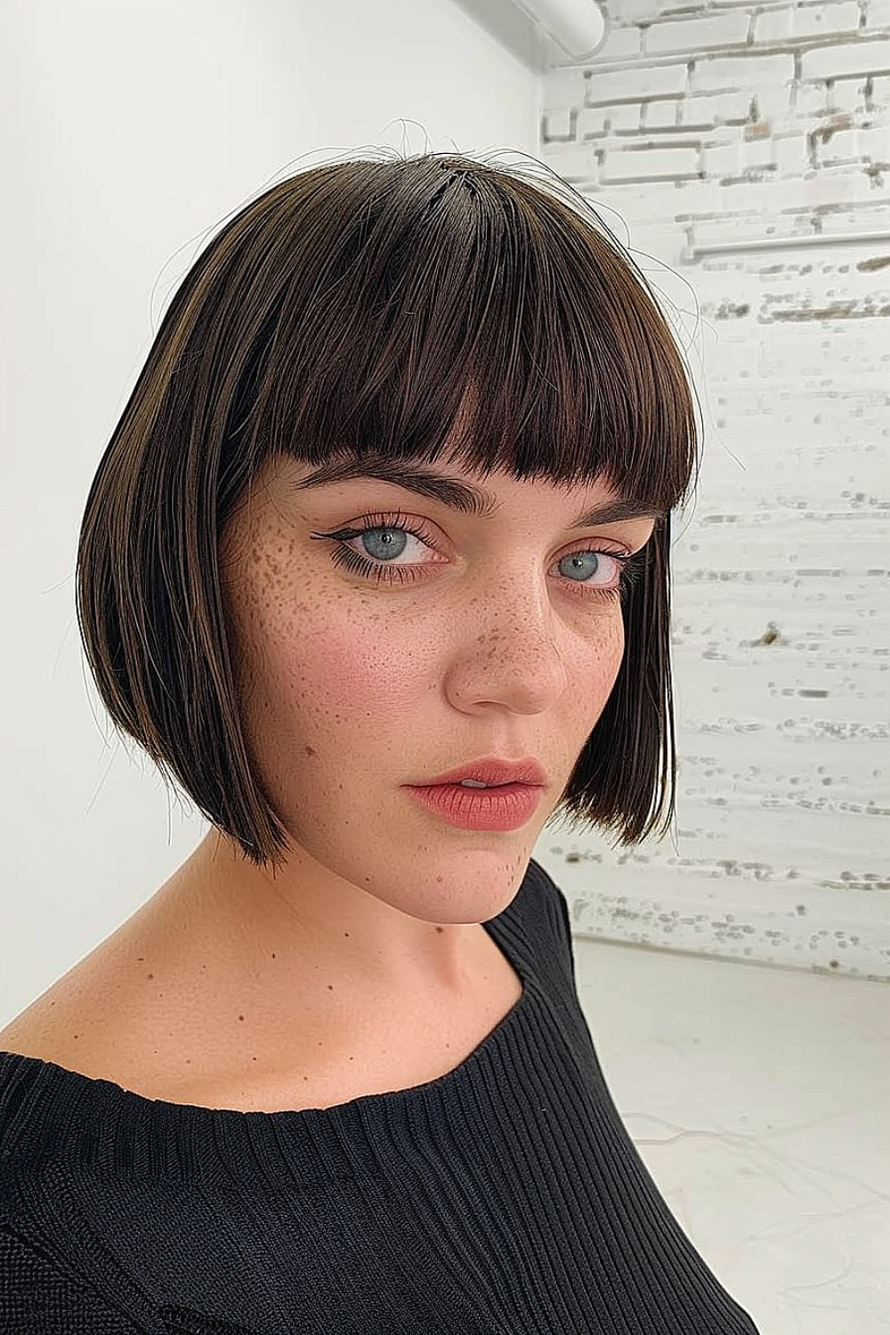 Woman with a dark brown inverted bob and short baby bangs