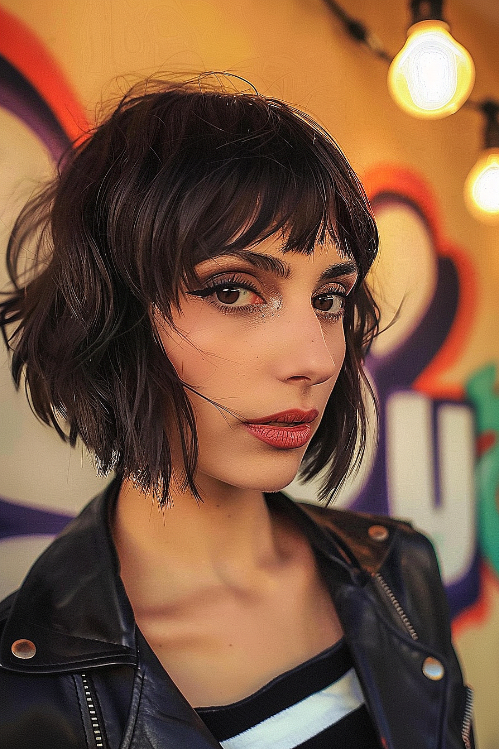 Woman with an inverted bob and choppy bangs in a deep black color