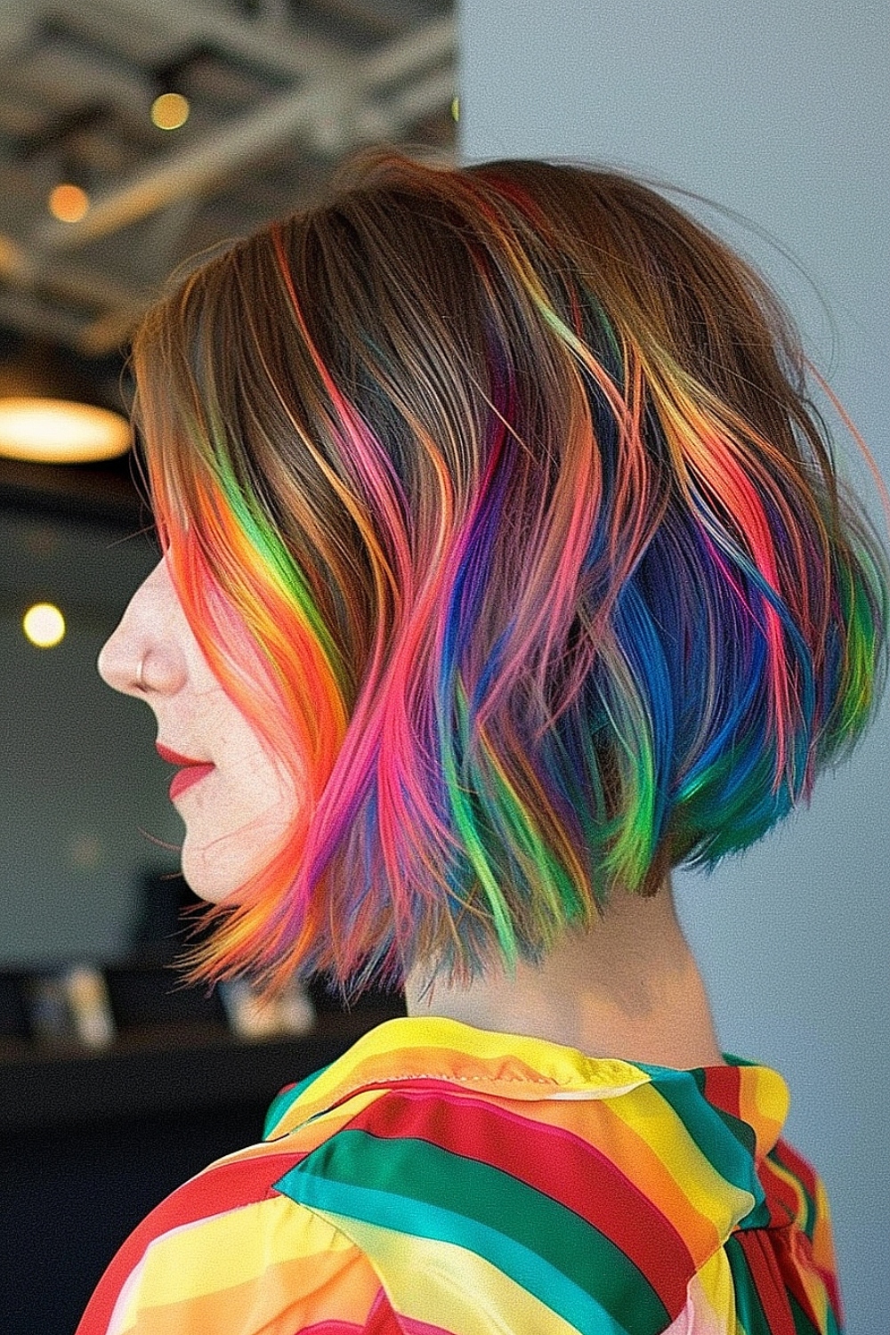 Inverted bob with rainbow streaks