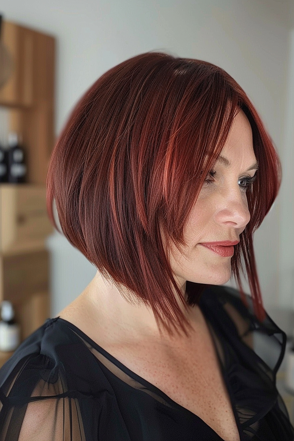 Inverted bob with red highlights