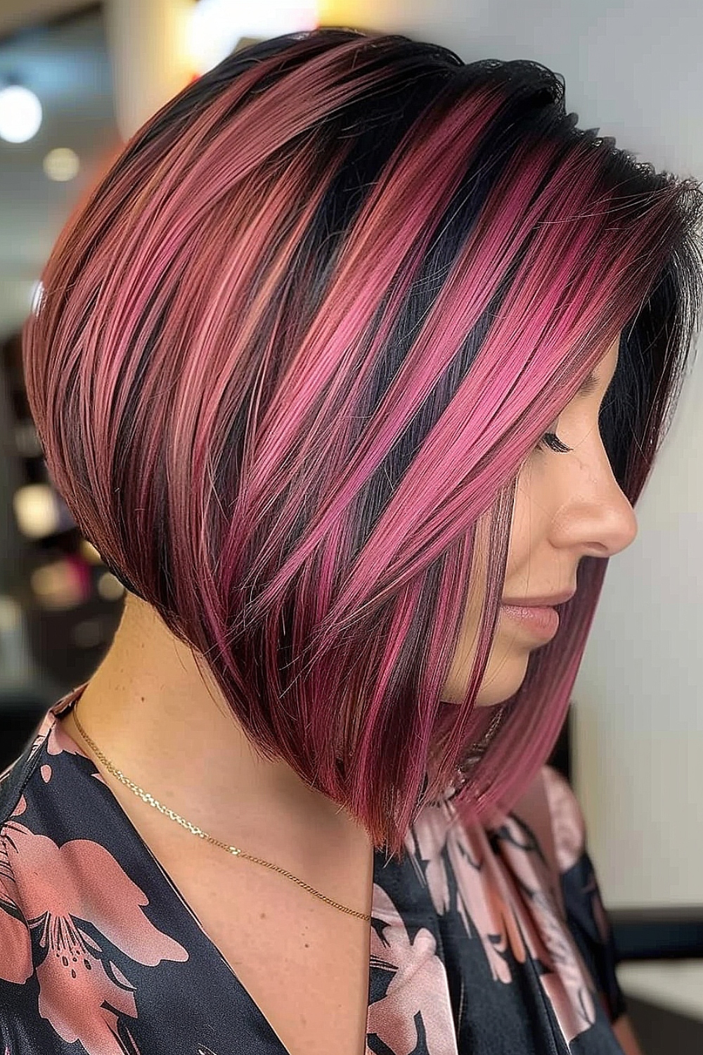 Inverted bob with rose gold highlights