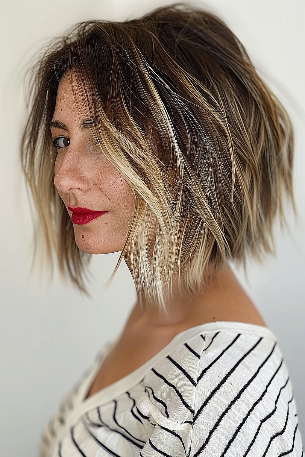 Inverted bob with textured ends and warm brown and blonde highlights