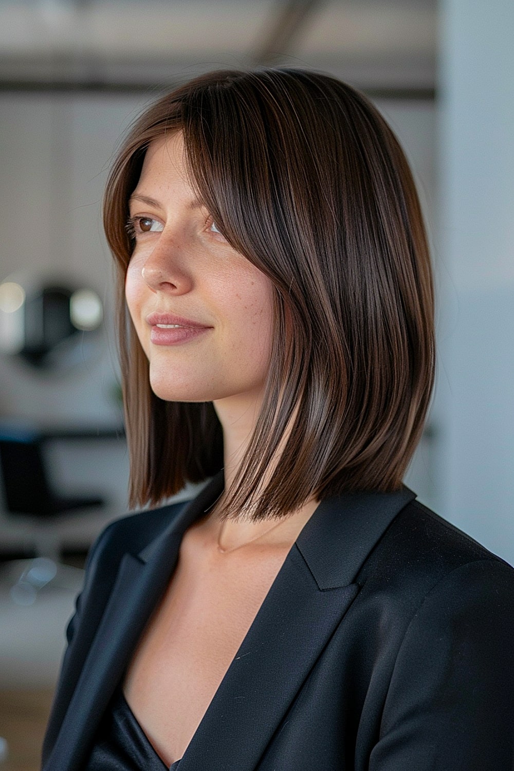 Inverted lob with curtain bangs