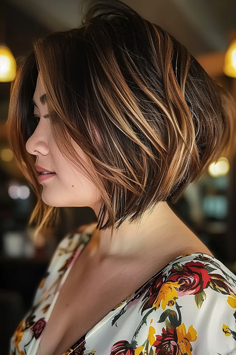 Woman with an inverted textured bob and bold streaks