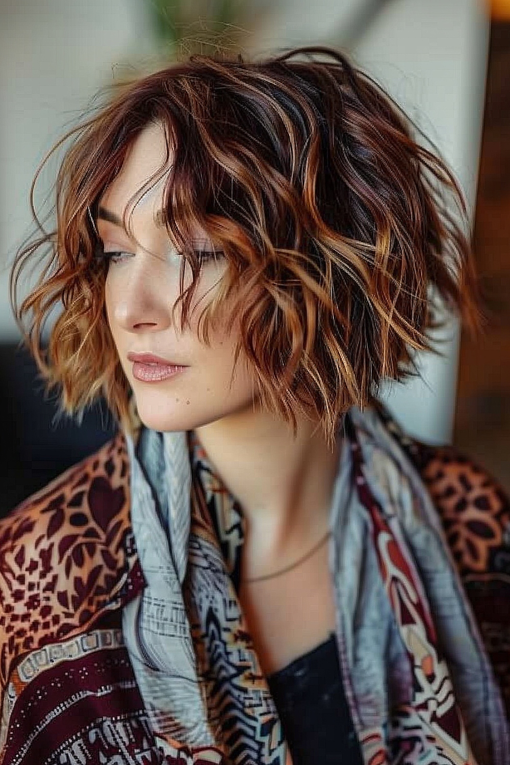 Woman with an inverted wavy bob and lowlights