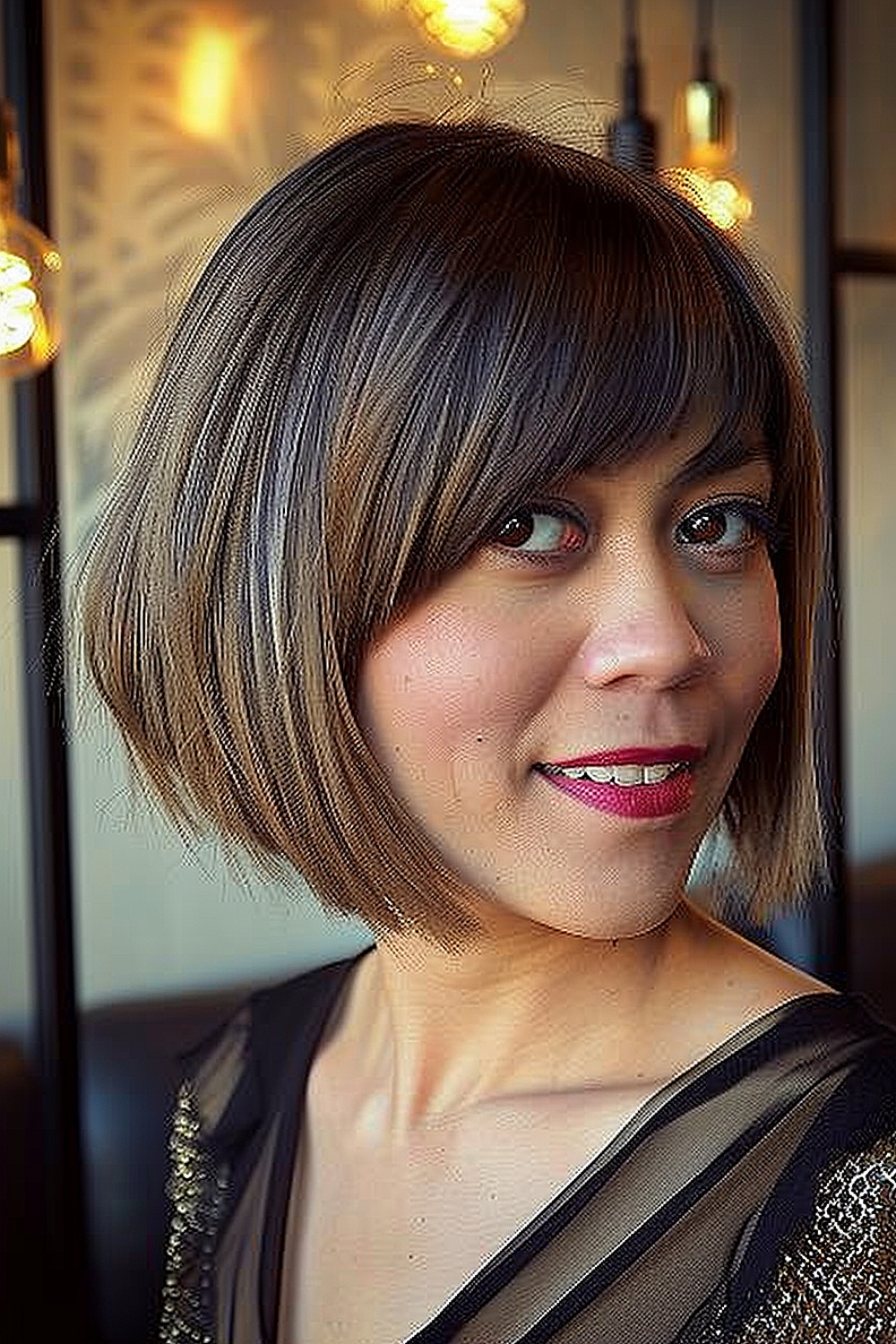 Woman with a sleek asymmetrical bob and jagged bangs, highlighted with multi-tonal shades.