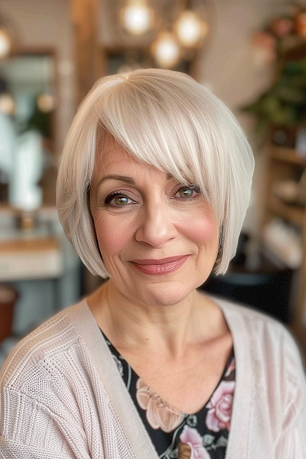 Jaw-length bob with side-swept bangs and platinum blonde color