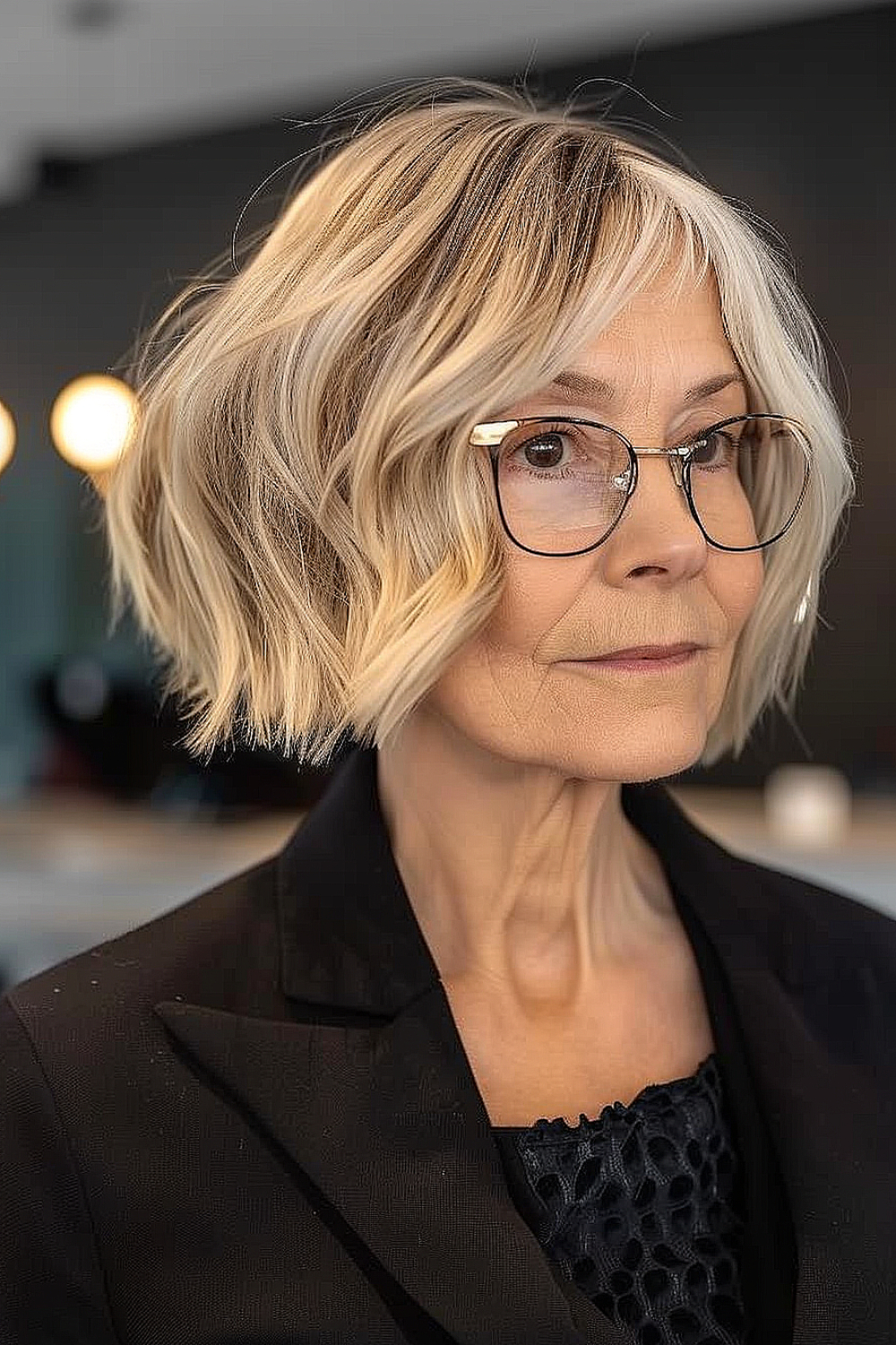 Woman with a jaw-length choppy bob and glasses