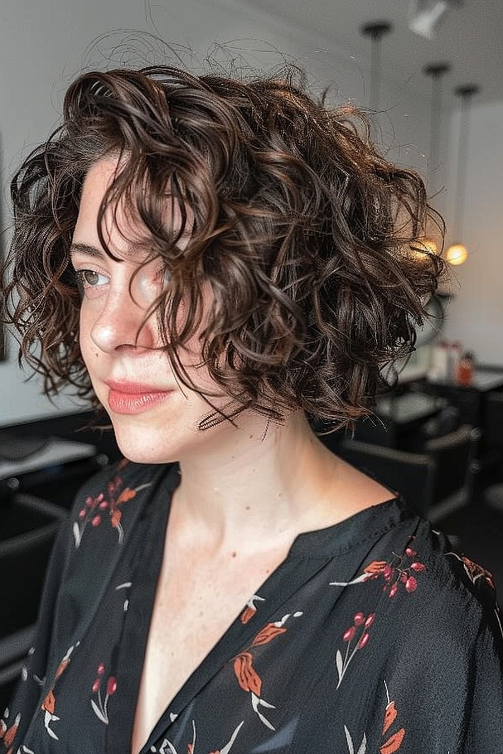 Jaw-length curly bob styled for fine hair