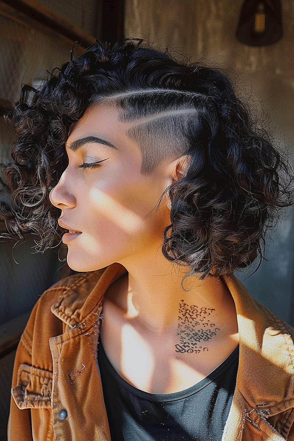 Woman with a jaw-length curly bob and a patterned undercut.