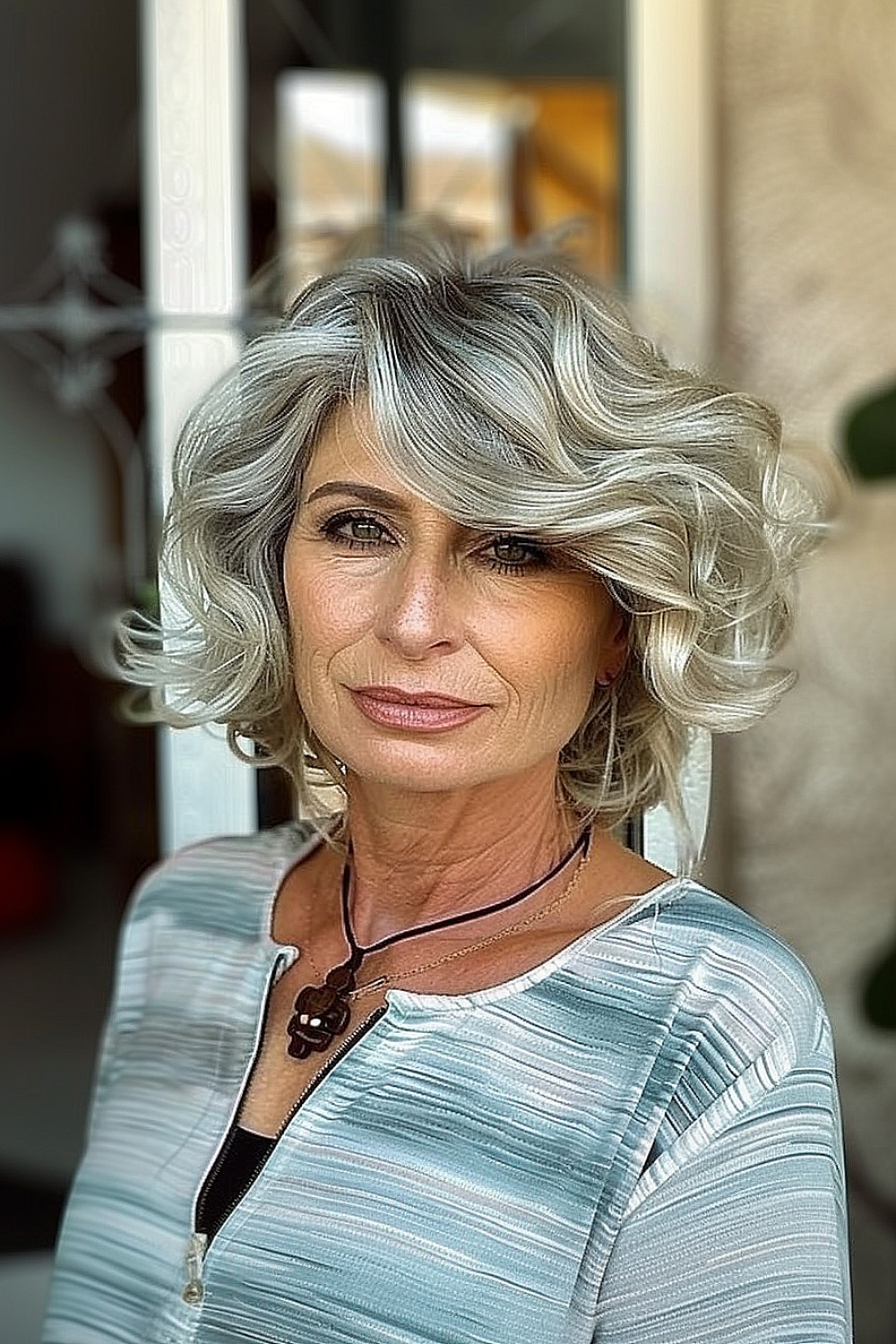 Woman with a voluminous jaw-length wavy bob in silver and charcoal tones