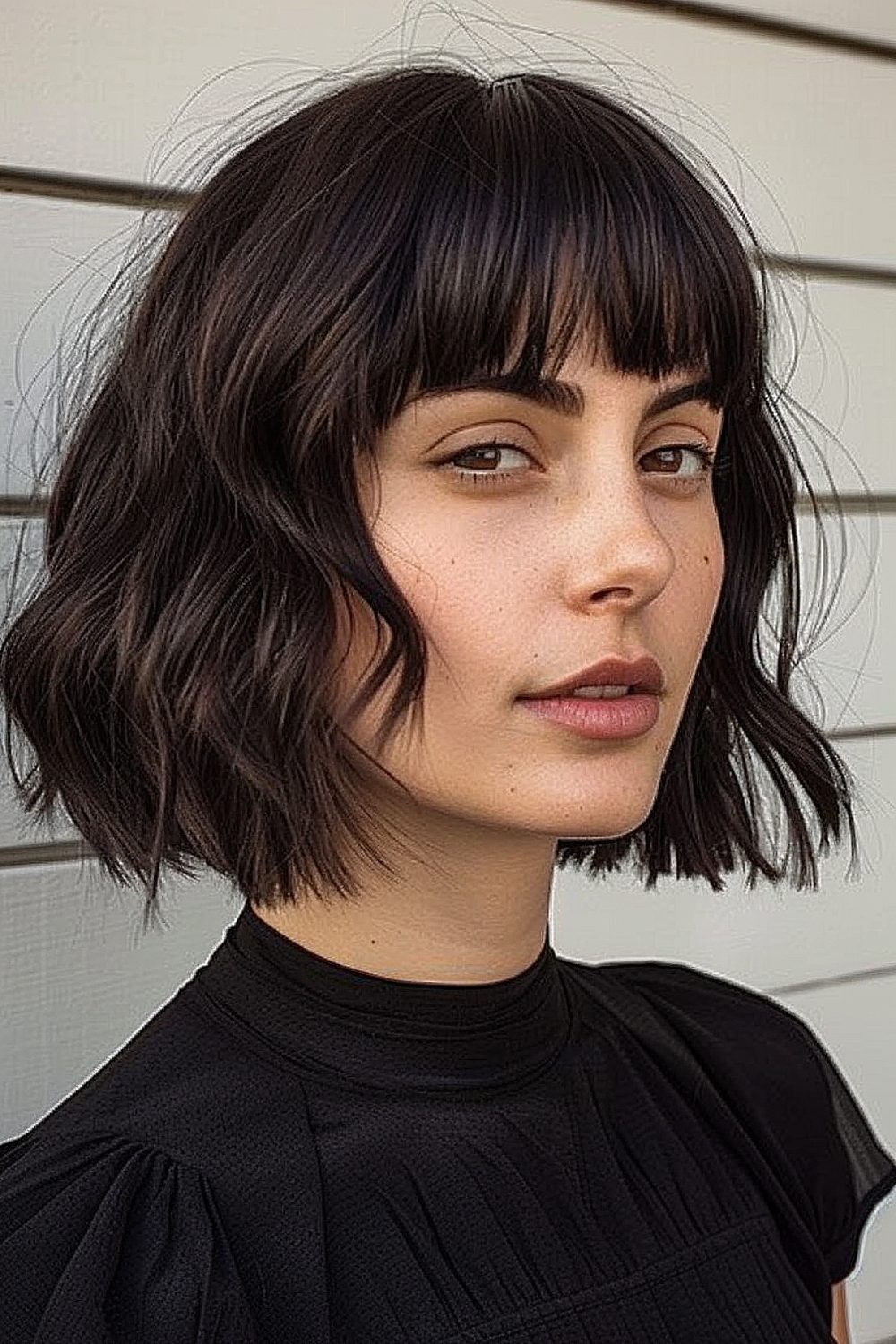 Woman with a jet black shaggy bob and sleek bangs, embodying a modern and sophisticated style.