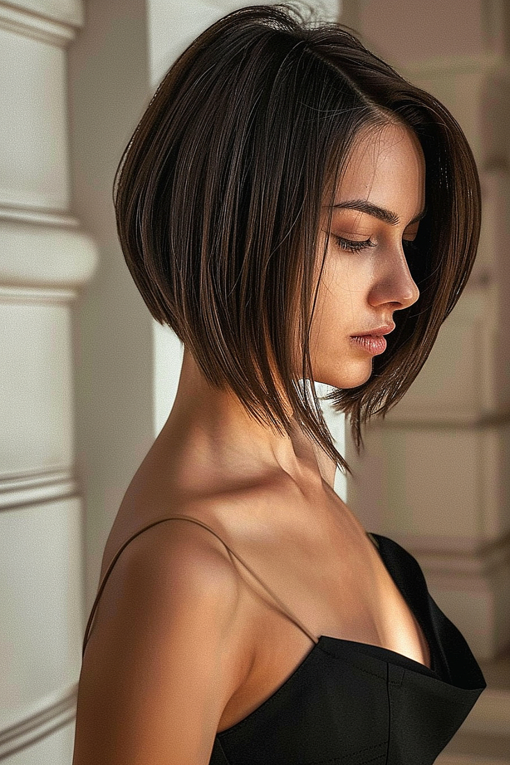 Woman with a layered A-line bob haircut and sleek finish