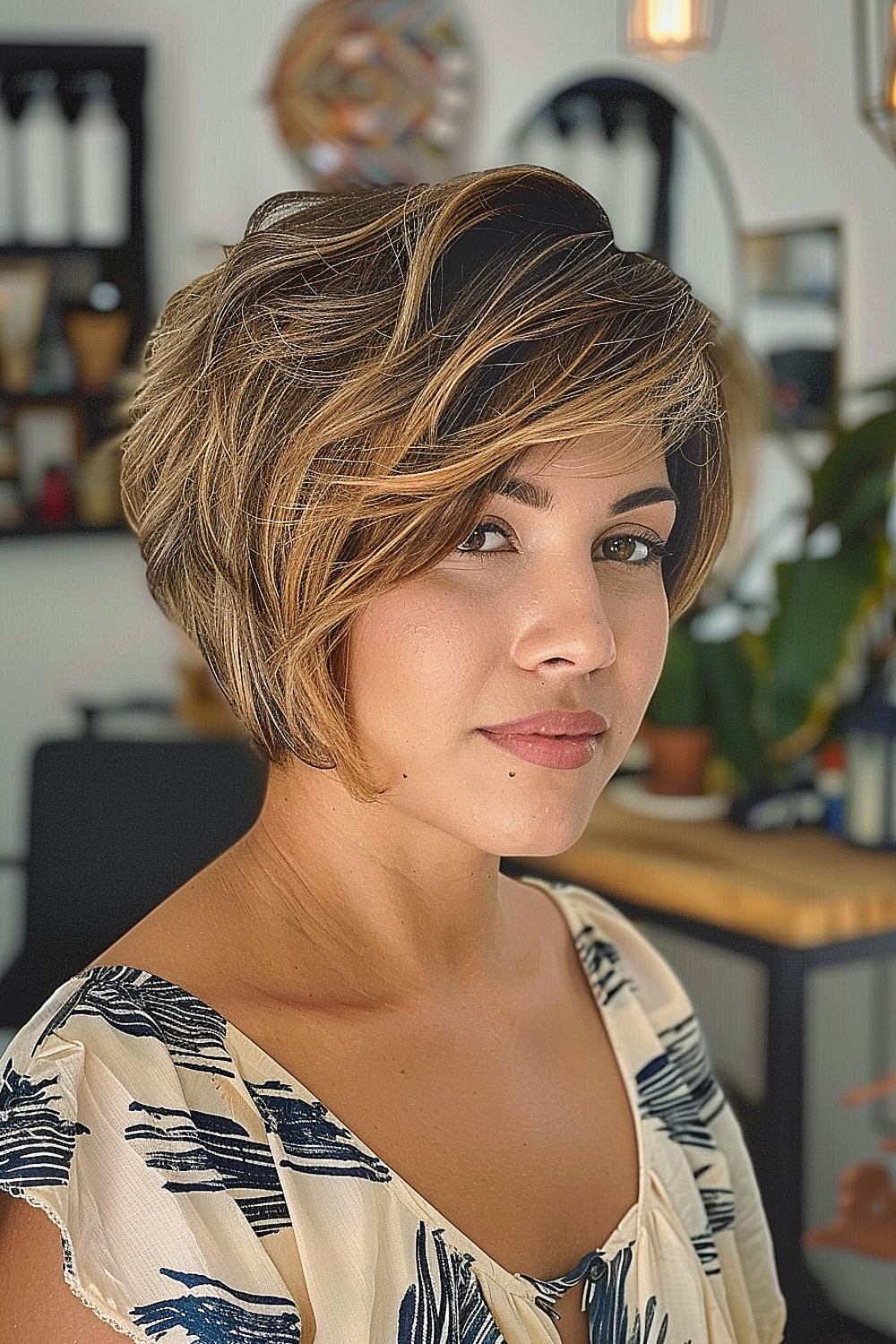 Woman with a layered bixie haircut and caramel balayage