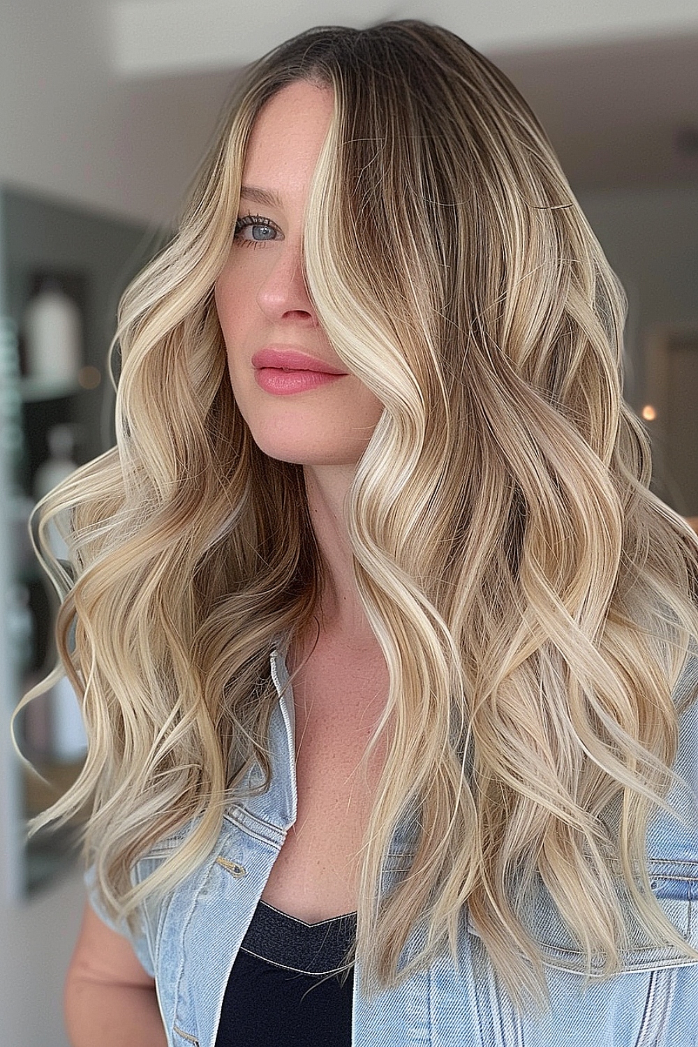 Woman with layered blonde hair and soft waves