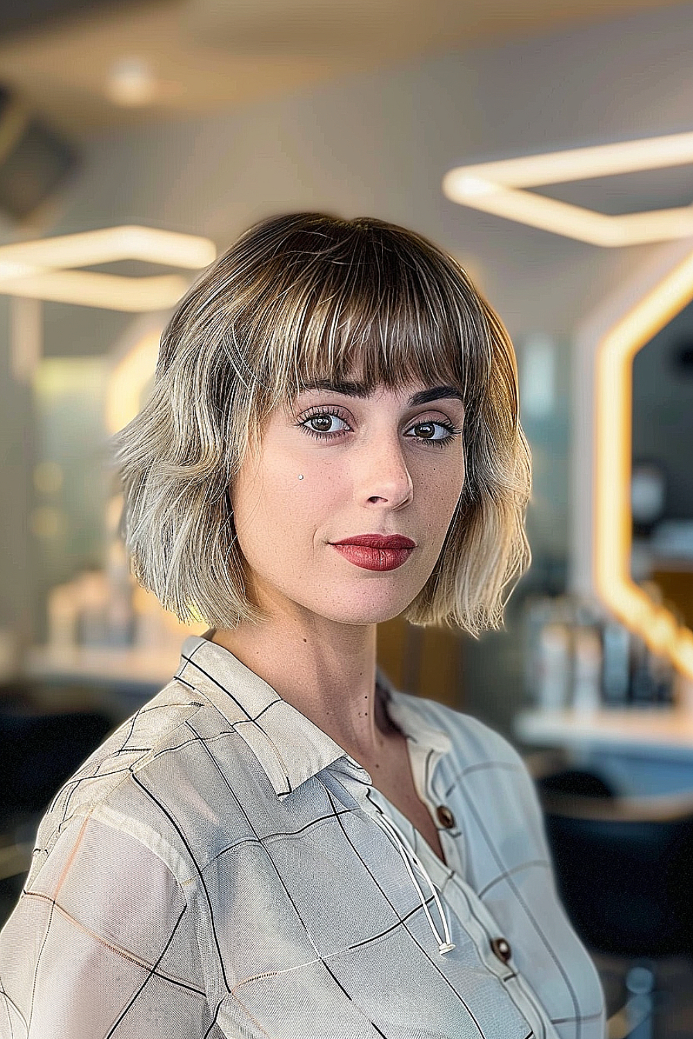 Woman with a layered bob and arched bangs in ash blonde