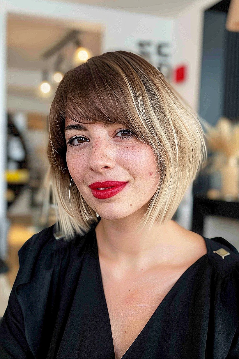 Layered bob with asymmetrical bangs and blended light and dark shades