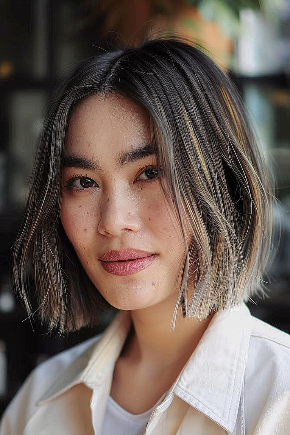 Woman with a layered bob and blunt ends