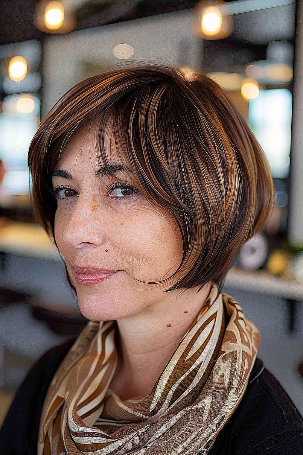 Woman with a layered bob and caramel highlights