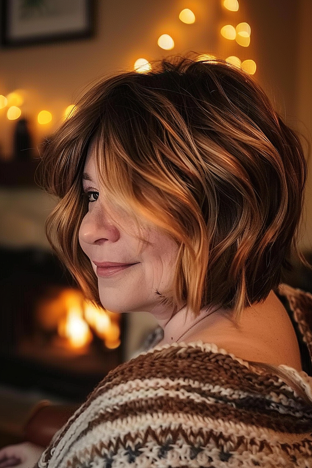 A woman with a layered bob enhanced by caramel swirl highlights, styled in soft waves for added volume