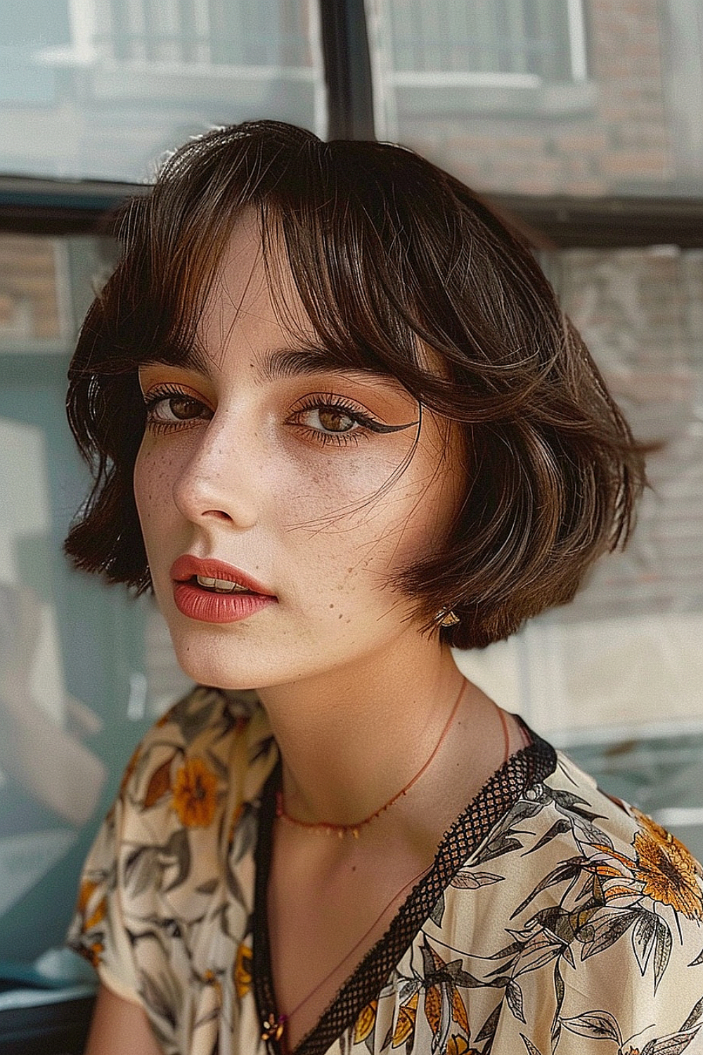 Woman with a layered bob and curtain bangs