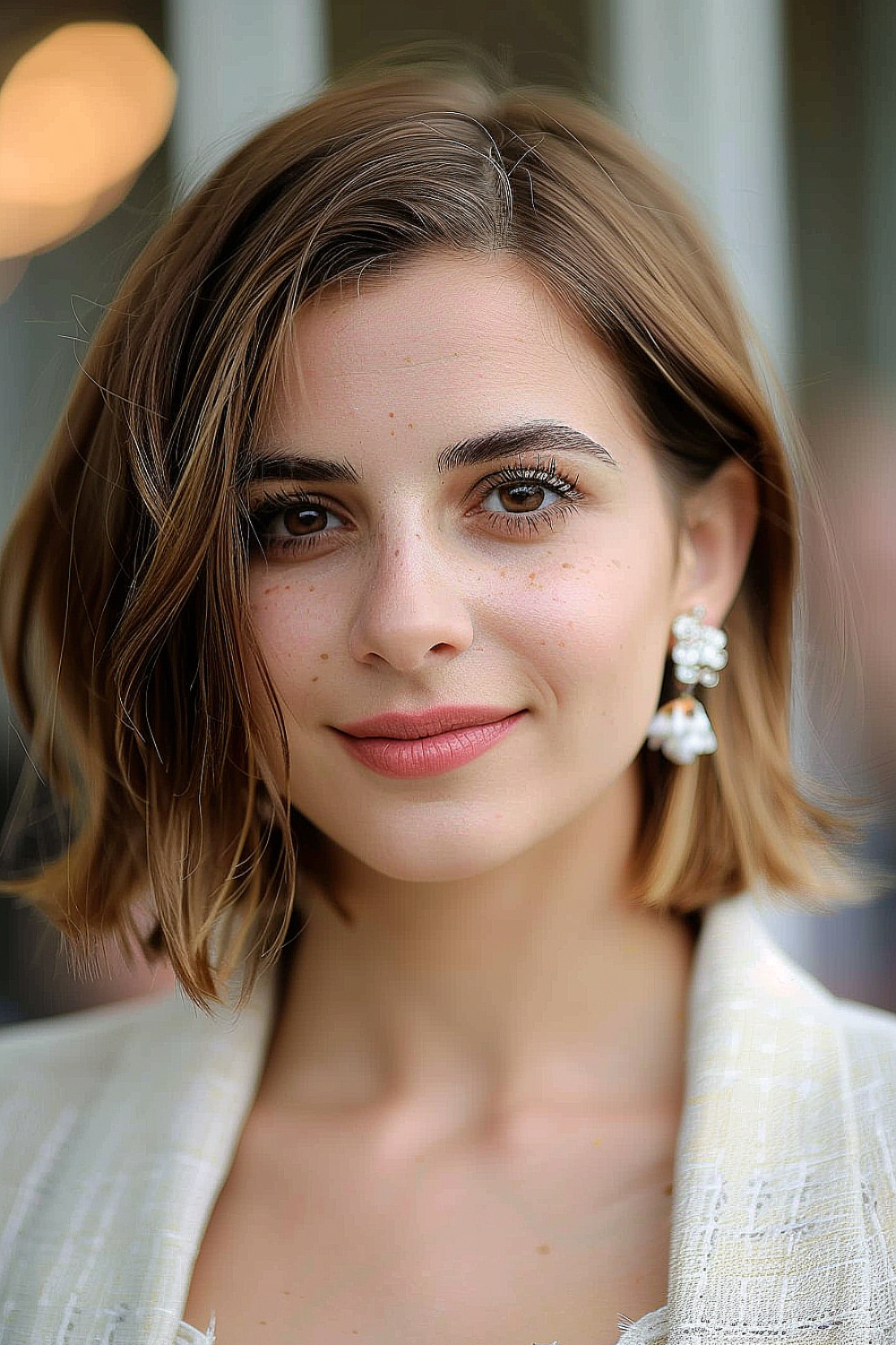 Woman with a layered bob and deep side part