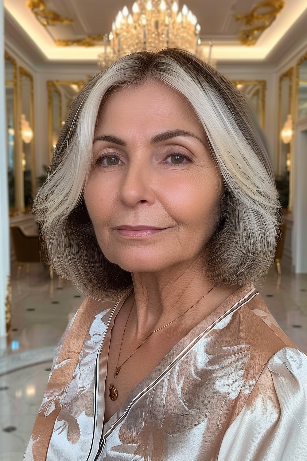 Layered bob with face framing highlights for women over 50