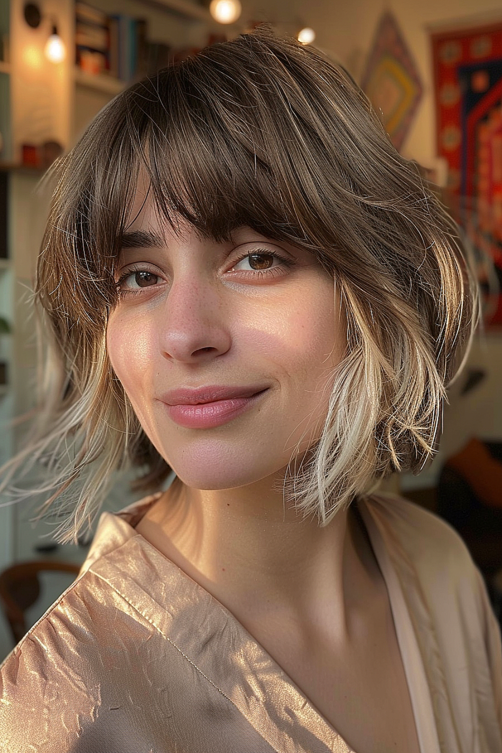 Woman with a soft layered bob and feathered bangs, featuring a brunette to blonde ombre