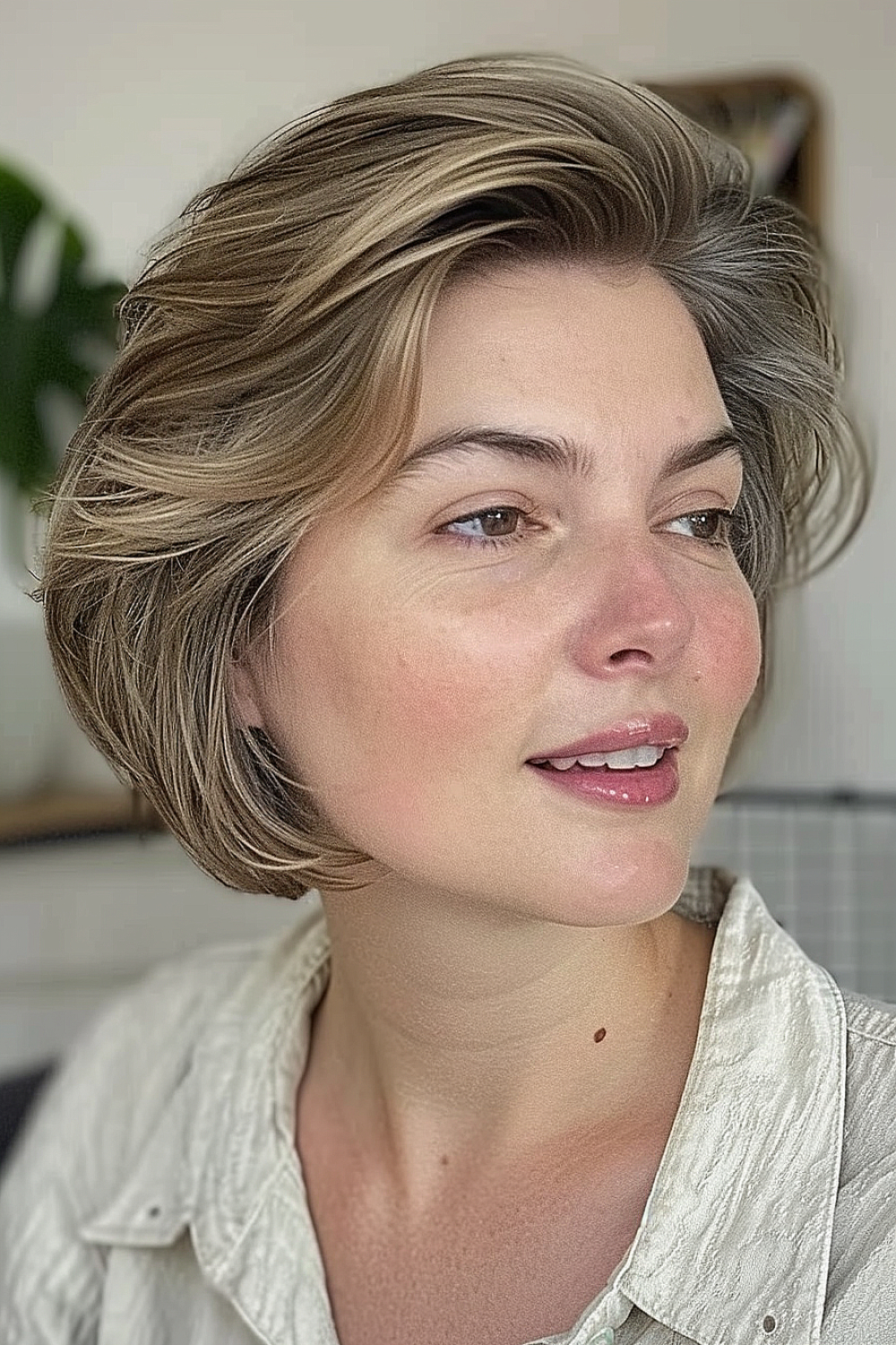 Woman with a layered bob and feathered ends