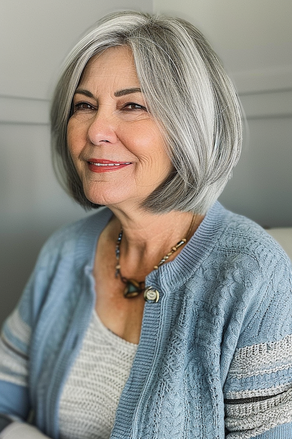 Layered bob hairstyle with natural grey blending