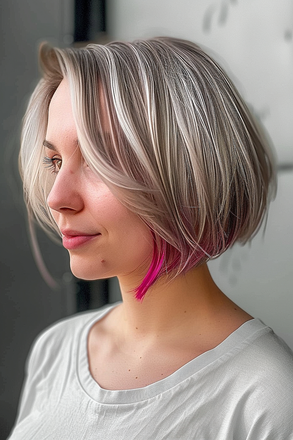  Woman with a layered bob and pink peekaboo highlights