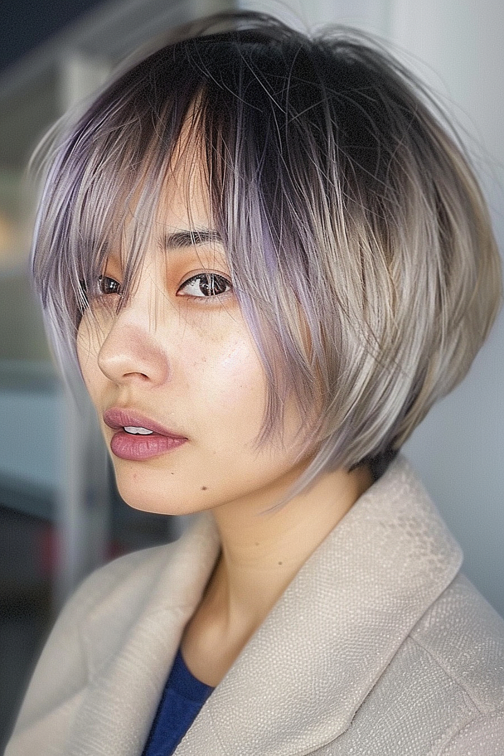 Woman with a layered bob and platinum blonde highlights