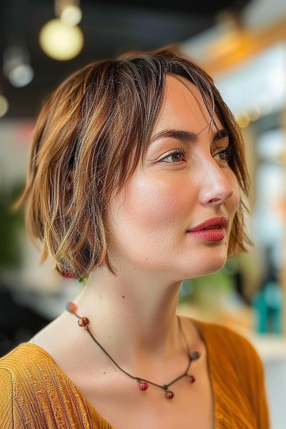 Woman with a layered bob and razored ends