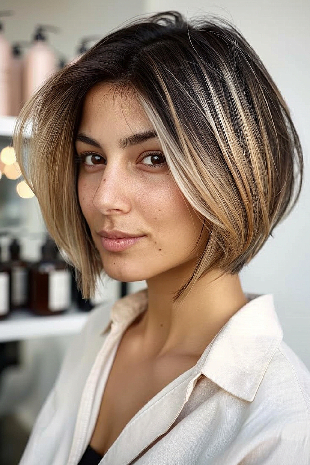 Woman with a layered bob and root shadow