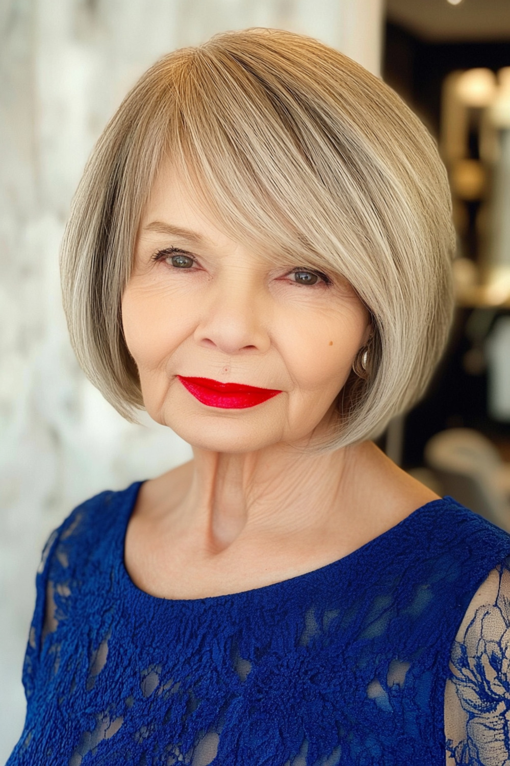 Layered bob with side bangs for women over 70