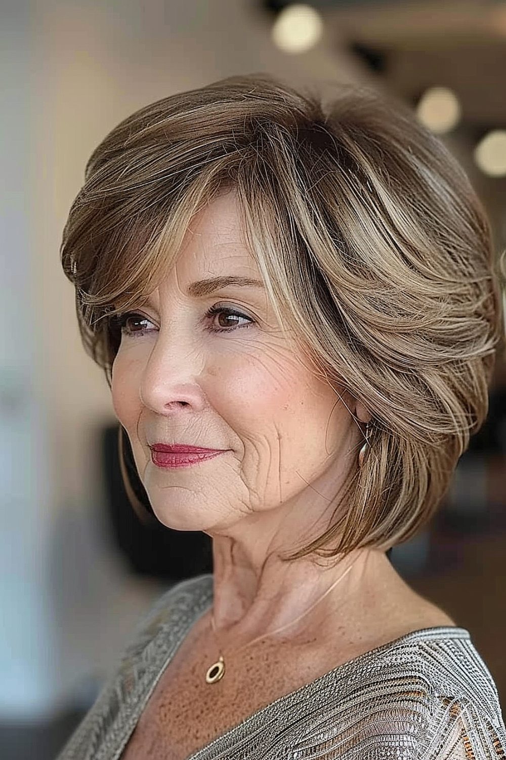 Woman with a sophisticated layered bob and side-swept bangs, featuring honeyed highlights