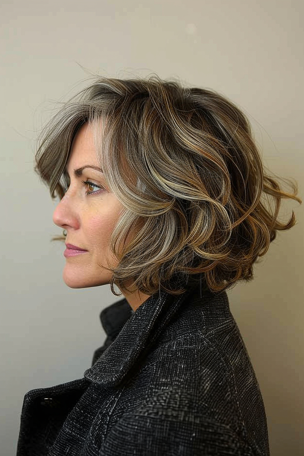 Layered bob hairstyle with soft waves and subtle highlights